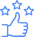 Icon-proud-darker-blue Blue outline thumbs-up icon with three stars, signaling high rating or approval.